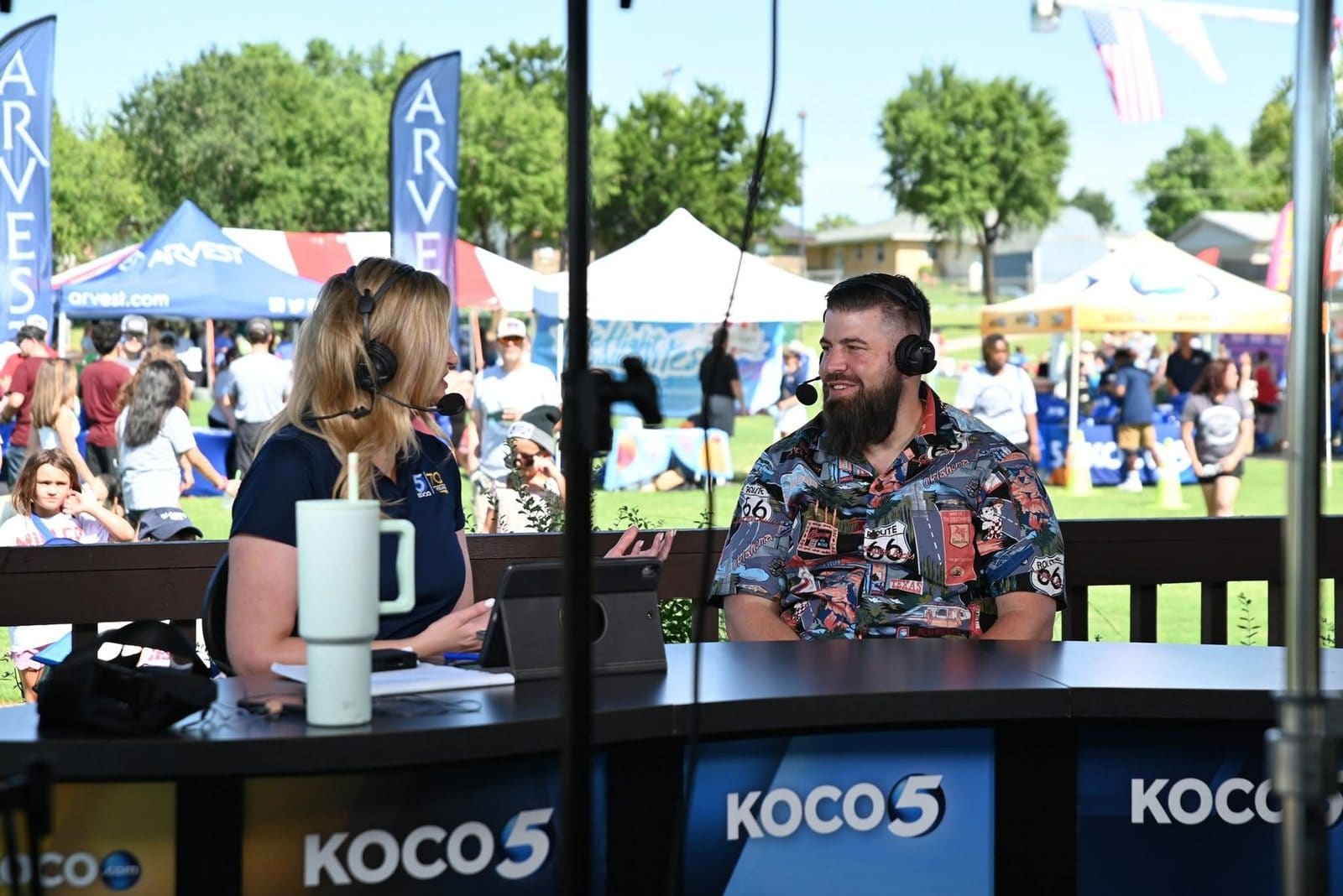 Mayor Brian Pillmore being interviewed on the KOCO 5 set at an outdoor event in Yukon