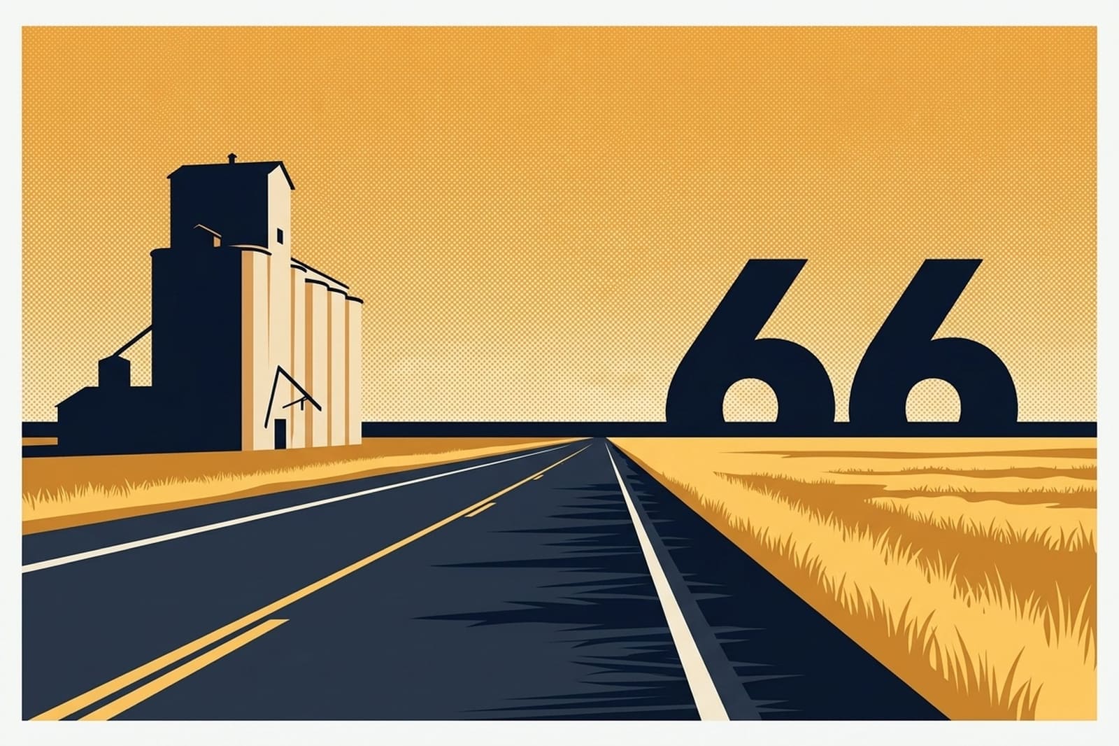 Illustrated Route 66 centennial poster showing the Yukon mill and grain elevators