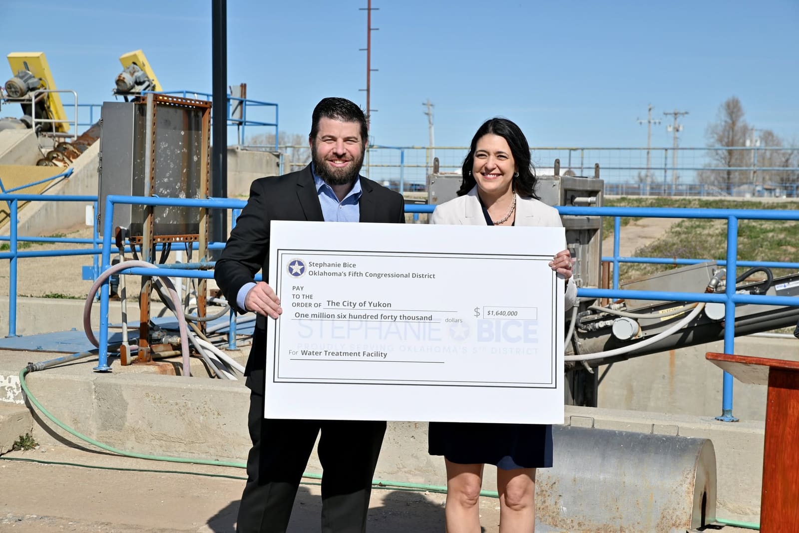 Oversized cheque from Rep. Stephanie Bice to the City of Yukon for $1,640,000, presented at the wastewater treatment facility