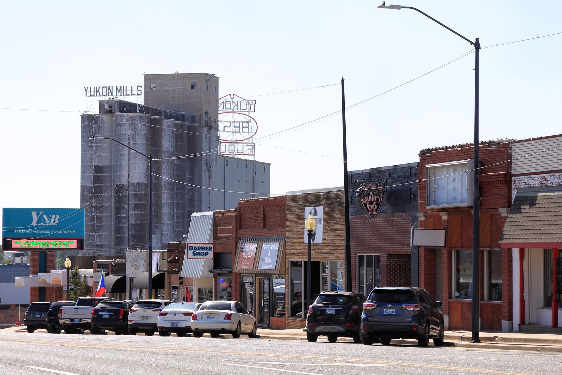 Downtown Yukon, Oklahoma’s Main Street, with Yukon’s Best Flour Mill visible in the background