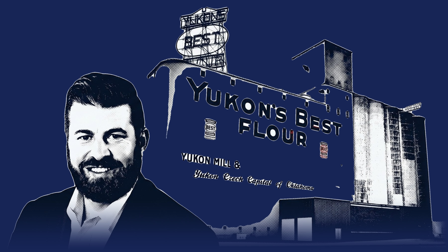 Duotone illustration of Mayor Brian Pillmore beside Yukon's Best Flour Mill
